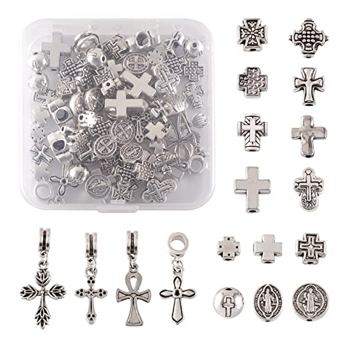 Craftdady 70pcs Tibetan Silver Crucifix Cross Beads Metal Cross Spacer Charms for Jewelry Crafts Making Hole: 1-2mm - color: 14 Style, 70pcs, Antique Silver