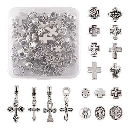 Craftdady 70pcs Tibetan Silver Crucifix Cross Beads Metal Cross Spacer Charms for Jewelry Crafts Making Hole: 1-2mm - color: 14 Style, 70pcs, Antique Silver