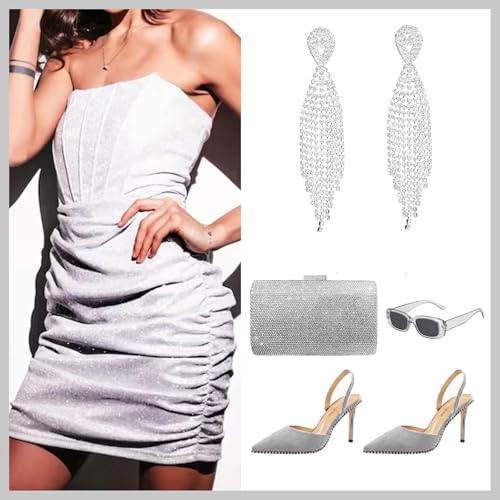 Rhinestone Earrings Prom Earrings for Women Sparkly Long Tassel Chandelier Drop Statement Earring Jewerly Gifts Wedding Party Prom Dresses Accessories - color: A1: silver prom earrings