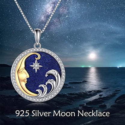 Moon/Lighthouse Necklace 925 Sterling Silver Abalone/Lapis Lazuli Lotus Flower Necklace for Women Crescent Jewelry Gift - style: Lapis Lazuli Moon