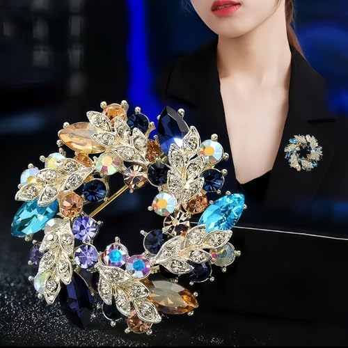2pcs Rhinestone Brooch Pin for Women Dress Elegant Stylish Crystal Brooches Fashion Accessories Pins Lapel Boutonniere Ideas Wedding Christmas Birthday Jewelry Easter Gift - color: 09 Blue Colorful/Silver