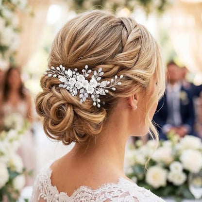 Unicra Flower Bride Wedding Hair Comb Leaf Silver Bridal Headpiece Pearl Hair Accessories Crystal Hair Piece Jewelry for Women (A Silver) - color: A Silver