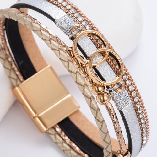 Chunky Boho Leather Wrap Bracelets Cowgirl Beaded Circle Western Jewelry | Stackable Infinity Layered Bohemian Magnetic Clasp Cuff Statement Fashion Colorful Country Hippie Outfits for Women Trendy - color: Gold/Silver