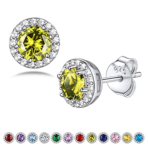 Bestyle Sparkling 925 Sterling Silver Birthstone Stud Earrings for Women, Heart/Round/Teardrop/Square Solitaire Diamond Studs Earrings, Great Birthday/Christmas Gifts - style: 08. Yellow Peridot-Aug.-round