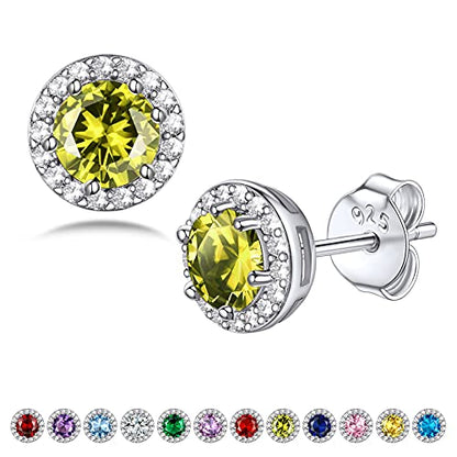 Bestyle Sparkling 925 Sterling Silver Birthstone Stud Earrings for Women, Heart/Round/Teardrop/Square Solitaire Diamond Studs Earrings, Great Birthday/Christmas Gifts - style: 08. Yellow Peridot-Aug.-round