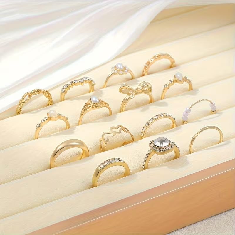Chunky Gold Rings for Women Non Tarnish, Baroque Pearl Flower Tiger's Eye Stone Rings Adjustable Stacking Statement Rings Set Fashion Jewelry Gifts - style: Diamond/Gemstone/Pearl_Inlay
