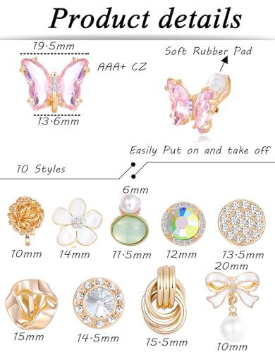 Tornito 10-15 Pairs Clip on Stud Earrings Non Pierced Teardrop Round Square CZ Pearl Twist Knot Flower Butterfly Heart Star Rainbow Cat Opal Clip on Earrings for Women - color: I:10 Pairs Gold Tone