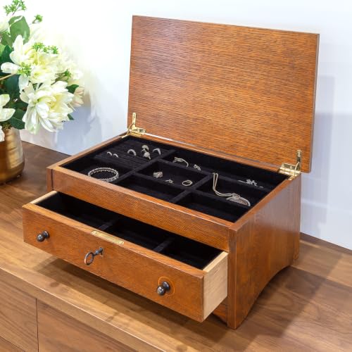 Harvey Ellis Wooden Jewelry Box, Solid Quartersawn Oak | Onondaga Brown Finish, Inlay, Velvet-Lining, Ring Holder, Drawer w/ 2 Keys, 18in W x 11in D x 7.5in H, 18in H Lid Open