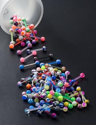 100pcs 14g Tongue Rings Nipple Rings for Women Men Surgical Stainless Steel Tongue/Nipple Piercing Jewelry Plastic Metal Tongue Ring 16MM Acrylic Straight Barbells Body Piercing Jewelry - color: B-100PCS Plastic/Mttal Tongue/Nipple Rings 16mm