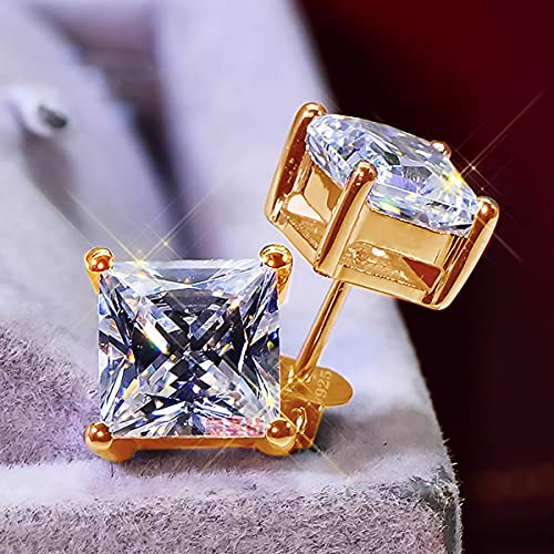 925 Sterling Silver Stud Earrings 4 Prong Princess Cut Square Cubic Zirconia Ear Stud for Women Men CZ 4mm-7mm - style: Yellow Gold--2.40cttw (5mm)