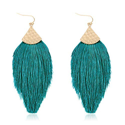 Bohemian Thread Tassel Drop Earrings - Geometric Petal Fan Fringe Feather Statement Chandelier Duster Dangles - color: Classic Tassel Chandelier - Teal