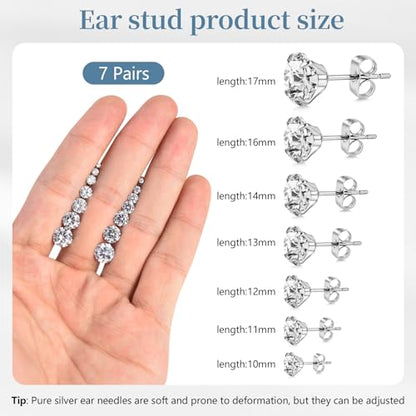 7 Pairs 20G Stainless Steel Stud Earrings Set Cubic Zirconia CZ Earrings Multi Size 2mm-8mm - color: Silver, size: Elegant