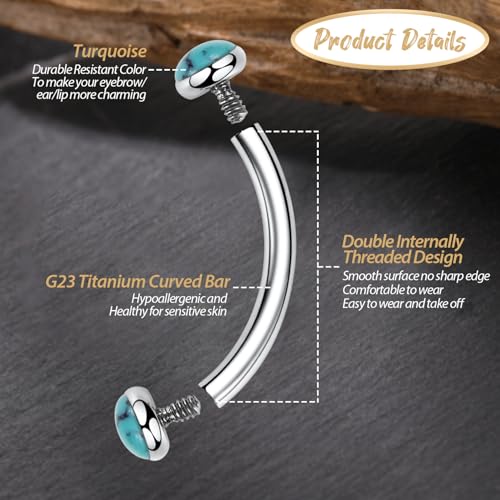 GAGABODY Titanium Eyebrow Jewelry - Curved Barbell & Labret Stud, 16g - Belly Button Ring & Cartilage Earring - Opal Bridge Jewelry - color: 1Pc-Silver+ Blue Turquoise-Disc Shape