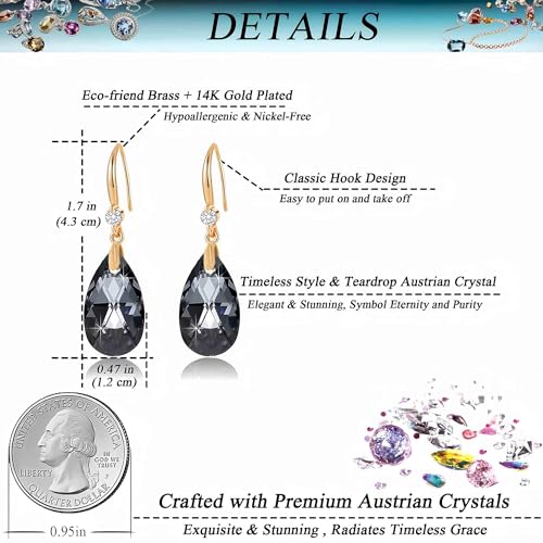 Austrian Crystal Teardrop Dangle Drop Earrings for Women 14K Gold Plated Hook Earring Hypoallergenic Jewelry Gifts for Women Girls - color: Grey-Black
