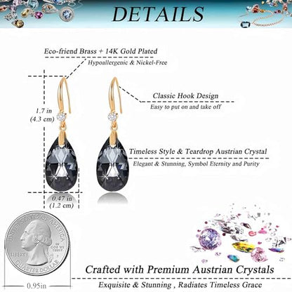 Austrian Crystal Teardrop Dangle Drop Earrings for Women 14K Gold Plated Hook Earring Hypoallergenic Jewelry Gifts for Women Girls - color: Grey-Black