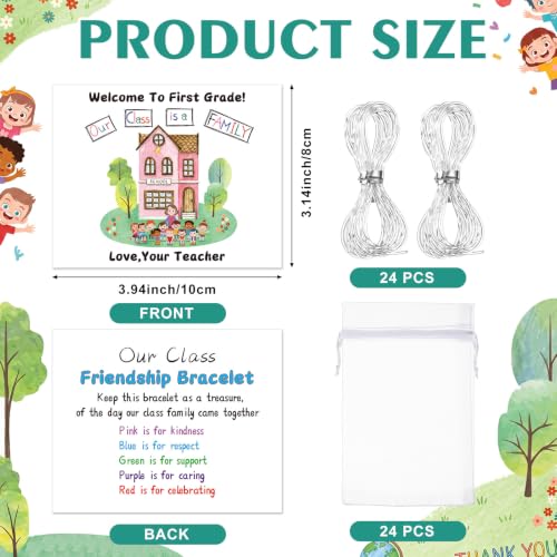 Tondiamo 24 Sets First Grade Back to School Gifts Friendship Bracelet Making Kit for Students Include Our Class is a Family Greeting Cards Beads Strings Bags DIY Kit for First Day of School Classroom - style: 1st Grade