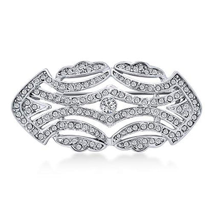Estate Style Jewelry Large Pave Wedding Bridal Crystal Fashion Gatsby Vintage Art Deco Style Scarf Brooch Pin For Women Silver Plated Brass