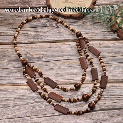 Wood Beads Necklace & Earrings for Women Chunky Multi-Layering Choker Necklace Ear Pendant - color: D