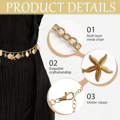 3 Pcs Gold Chain Belt for Women, Adjustable Waist Chain with Clover Butterfly Disc Pendants, Body Jewelry, Boho Belts for Women, Summer Beach Party - color: Gold-4