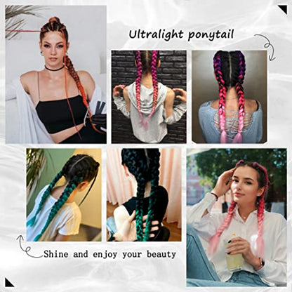2 Pack Red Gradient 26 Inch Braid Ponytail Extension with Elastic Tie | Ponytail Extension with Elastic Tie Straight Sleek Wrap Around Braid Ponytail , Natural Soft Synthetic Hair Piece for Women - color: Red gradient#（Purple/Red/Pink）, size: 26 Inch（Pack