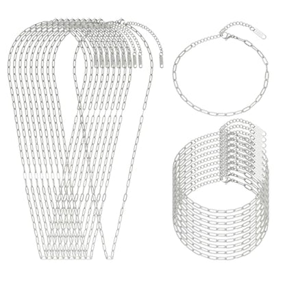 Swyabi 20 PCS Paperclip Necklace Bracelet Chains Bulk for Jewelry Making | 18K Stainless Steel, with Extender, No Fade, No Rust, Adjustable, for Men Women DIY, Silver - color: 3x7.5mm Silver