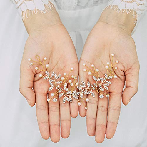 Unsutuo Bridal Crystal Headband Gold Rhinestone Hair Vine Pearls Wedding Accessories for Women and Girls(Gold) - color: Gold