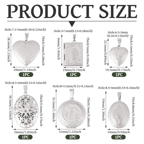 6Pcs 316 Stainless Steel Locket Pendants Heart Oval Flat Round Rectangle Photo Frame Charms Silver Locket Charms for Necklaces DIY Memorial Necklace Making - color: Golden Color, 6 Styles