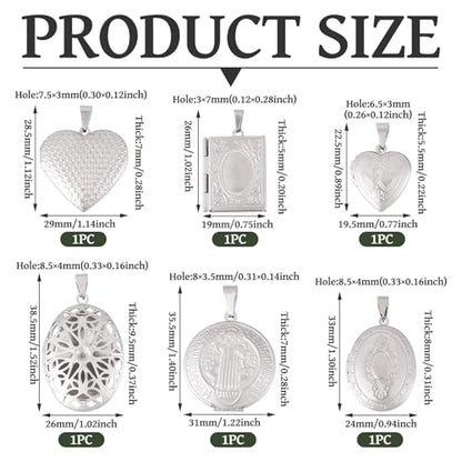 6Pcs 316 Stainless Steel Locket Pendants Heart Oval Flat Round Rectangle Photo Frame Charms Silver Locket Charms for Necklaces DIY Memorial Necklace Making - color: Golden Color, 6 Styles