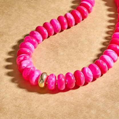Chunky Beaded Necklace for Women Boho Statement Bead Necklace Adjustable Choker with Polished Disc/Square Beads Trendy Summer Beach Jewelry Gifts - color: Hot Pink