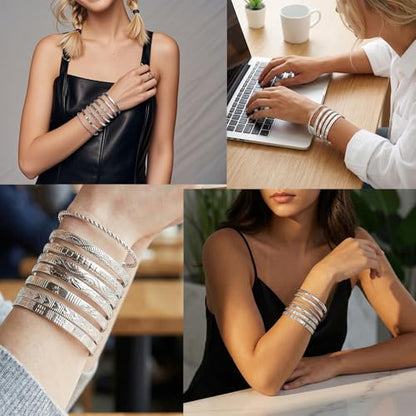 14k Gold-plated multi-layer stackable cuff Bracelet Sets for Women Adjustable Bohemian Open Bangle-Bracelets - color: silvery
