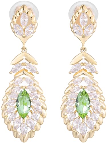 Clip On Crystal Dangle Non Pierced Earrings for Women 14K Gold Plated Jewelry - color: Aug-Peridot-14K Gold
