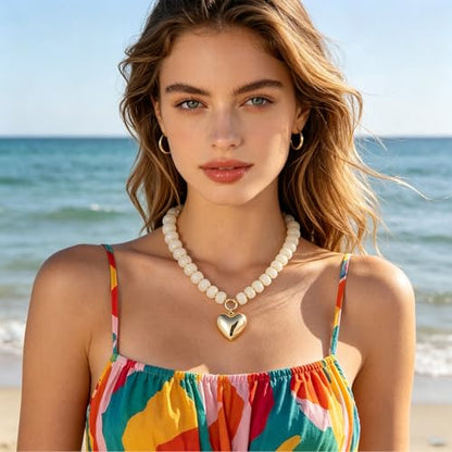 Chunky Heart Necklaces for Women Colorful Resin Beaded Necklaces for Women Gold Puffy Heart Statement Necklace Trendy Acrylic Choker Jewelry Gift - color: B-White