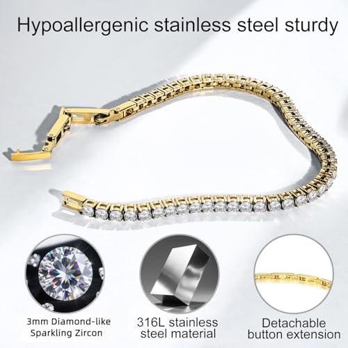 Stainless Steel Adjustable CZ Tennis Bracelet for Women Men | 14K Gold Plated, Round 3mm/4mm/5mm AAAA+ Cubic Zirconia, Dainty Classic, Festival Wedding Jewelry Gift - color: Gold, size: CZ 3mm
