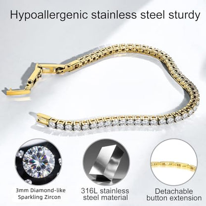 Stainless Steel Adjustable CZ Tennis Bracelet for Women Men | 14K Gold Plated, Round 3mm/4mm/5mm AAAA+ Cubic Zirconia, Dainty Classic, Festival Wedding Jewelry Gift - color: Gold, size: CZ 3mm