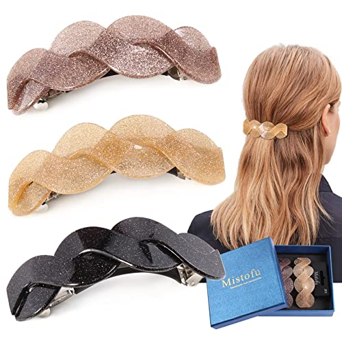 Mistofu Large French Hair Barrettes for Thick Hair, Sparkly Acrylic Clips | Vintage Barrette - 3Pack Elegant Design Hair Clip for Women & Girls, - color: Fine pink