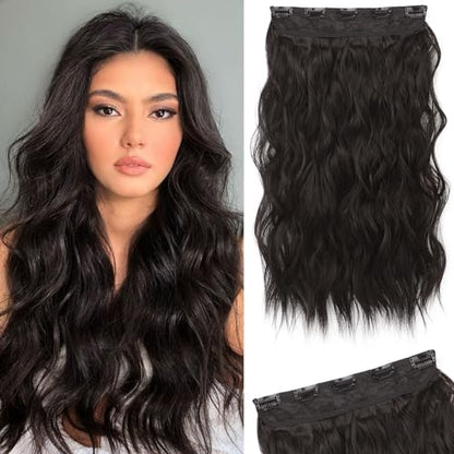 REECHO Clip in Hair Extensions, 20” One Piece Hair Extension Clip in Wefts Long Thick Beach Wavy Natural Soft Synthetic Hairpieces for Women, Black Brown - color: Black Brown - Wavy, size: 20 Inch (Pack of 1)