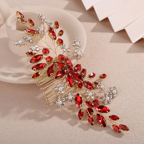 Teyglen Wedding Rhinestone Hair Comb with Pearl Bridal Red Crystal Flower Hair Side Comb Crystal Headpiece Handmade Rhinestone Hair Piece Flower Hair Accessories for Women (Red) - color: Red