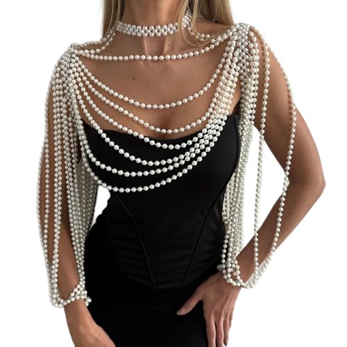 Multi-Layered Pearl Shoulder Body Chain for Women,White Pearl Fringe Shawl Necklace,Summer Beach Beaded Tassel Shoulder Jewelry for Wedding Prom Party Dresses