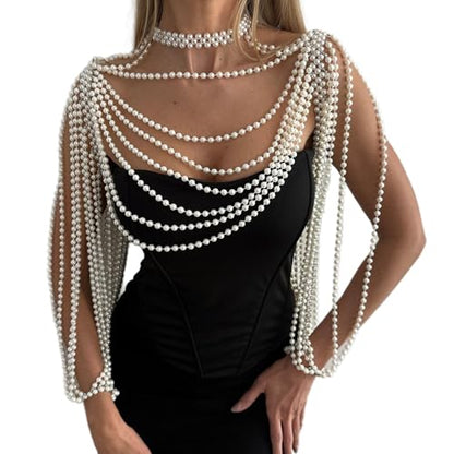 Multi-Layered Pearl Shoulder Body Chain for Women,White Pearl Fringe Shawl Necklace,Summer Beach Beaded Tassel Shoulder Jewelry for Wedding Prom Party Dresses