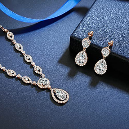 GULICX AAA Cubic Zirconia CZ Silver Plated Base Women's Party Jewelry Set Earrings Pendant Necklace - color: Rose gold Plated