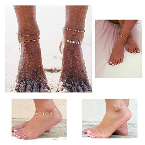 Softones 16Pcs Ankle Bracelets for Women Gold Silver Two Style Chain Beach Anklet Bracelet Jewelry Anklet Set,Adjustable Size - color: B:Gold