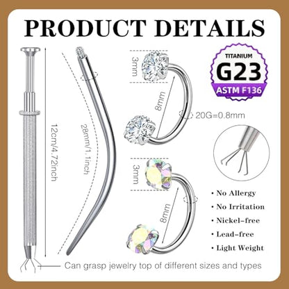 G23 Titanium Horseshoe Nose Ring 20G, 2 Pcs Double Gem Nose Ring for Women, 6mm 7mm 8mm Hypoallergenic Horseshoe Nose Rings Helix Tragus Earring Hoops Labret Lip Piercing Jewelry Small Septum Rings - color: 20G-8mm-2Pcs Silver-White & AB CZ