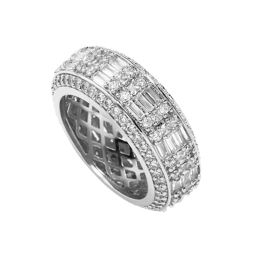 Solid Gold over S925 Sterling Silver Mixed Rectangular Ring, Interlocking Geometric Pattern for Modern Edge, Statement for Men - color: White, size: US 8