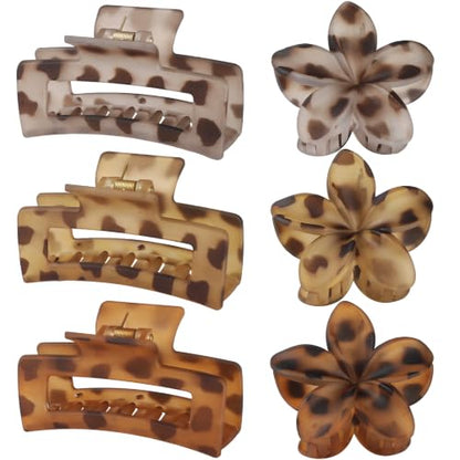 Flower Hair Clips for Women, Square Claw Clips for Girls 6 PCS - Deep Color - leopard - color: leopard