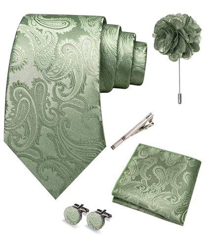 JEMYGINS Mens Paisley Tie and Pocket Square,Lapel Pin,Cufflinks,Tie Clip Sets with Gift Box 5PCS - color: 10sage Green