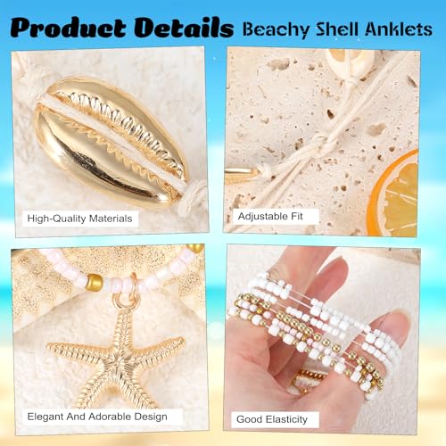 Ouligay 7PCS Boho Shell Ankle Bracelet Shell Beaded Ankle Bracelets for Women, Summer Beach Bracelets, Boho Adjustable Anklet Hawaiian Beach Seashell Starfish Foot Jewelry Gifts, Summer Accessories