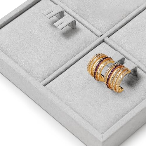 Microfiber 4 Slots Jewelry Earring Display Tray | Earring Display Organizer Tray Gray - size: 5.5" x 5.5" x 0.78"