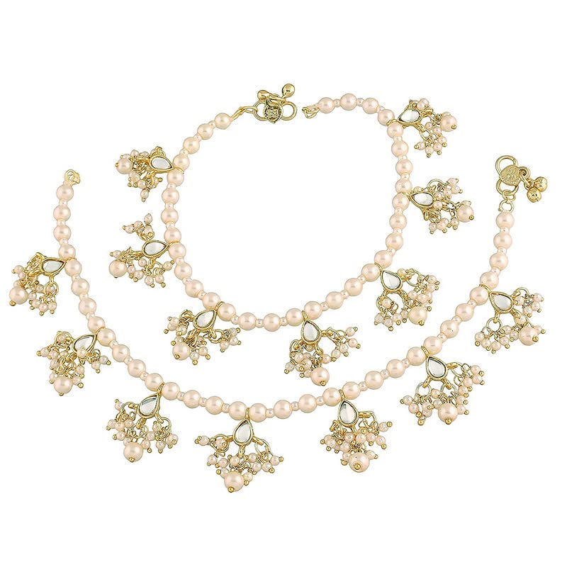 Aheli Indian Wedding Set of 2 Anklet Payal Faux Pearls Charm Ankle Bracelet Ethnic Barefoot Beach Jewelry Gift for Women White