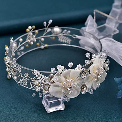 Bride Wedding Headband, Bridal Headpiece, Crystal Pearl Hair Tiara, Rhinestone Bridesmaids Hair Jewelry for Women Party | Ribbon-Tie Design, Faux Pearl Accents And Layered Flowers For Brides And Bridesmaids