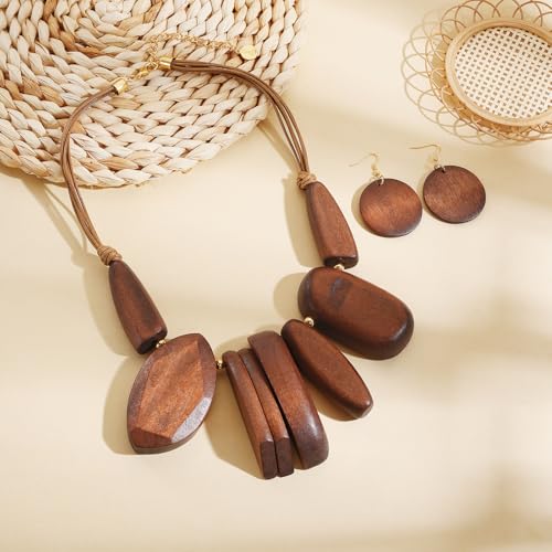 Coiris Chunky Statement Necklace and Earring Sets for Women Boho Wooden Necklaces Earrings Jewelry Set for Women - color: Brown